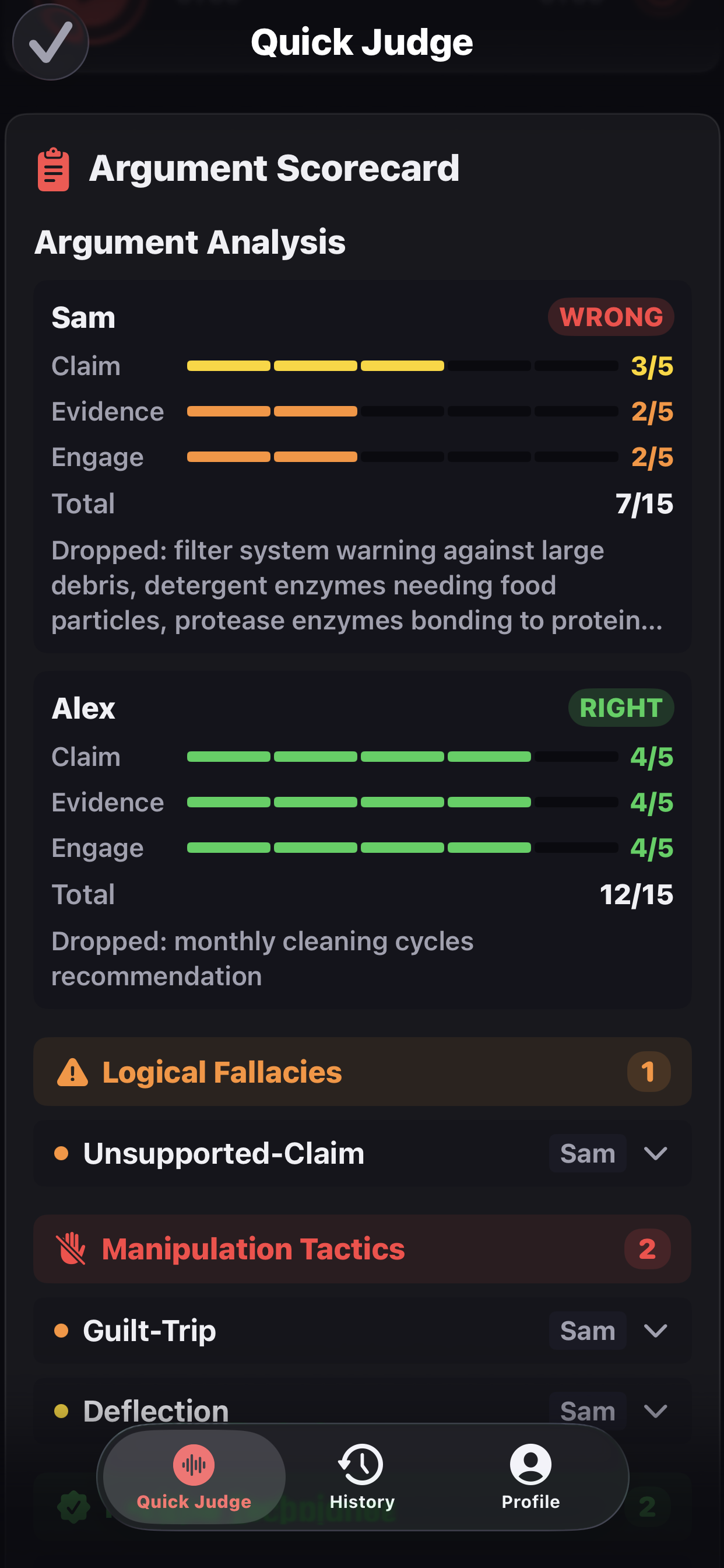 The argument scorecard: per-speaker claim, evidence, and engagement scores plus detected logical fallacies and manipulation tactics